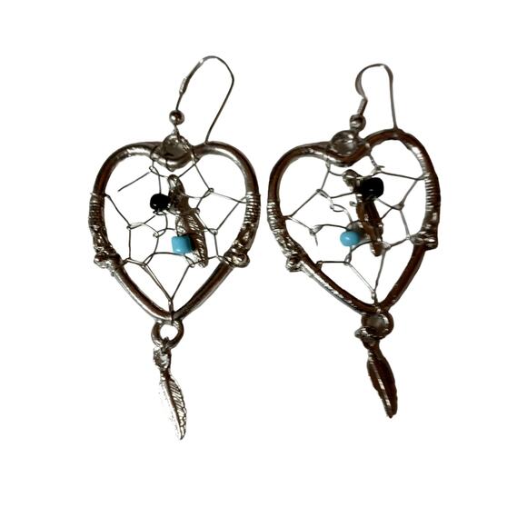 🌵 Vintage Dream Catcher Earrings Heart Turquoise Feather Drop Southwest Boho 3" - Picture 1 of 10